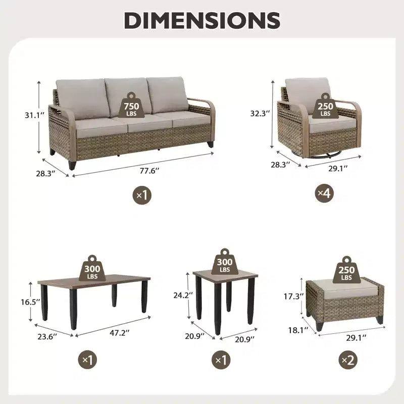 Conjunto de conversación de mimbre para patio exterior EAGLE PEAK, 4 sillas mecedoras giratorias, sofá biplaza de 3 asientos, 2 otomanas y mesa, 9 piezas