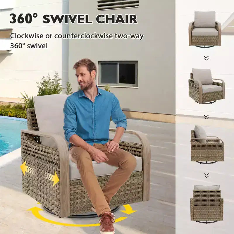 Conjunto de conversación de mimbre para patio exterior EAGLE PEAK, 4 sillas mecedoras giratorias, sofá biplaza de 3 asientos, 2 otomanas y mesa, 9 piezas