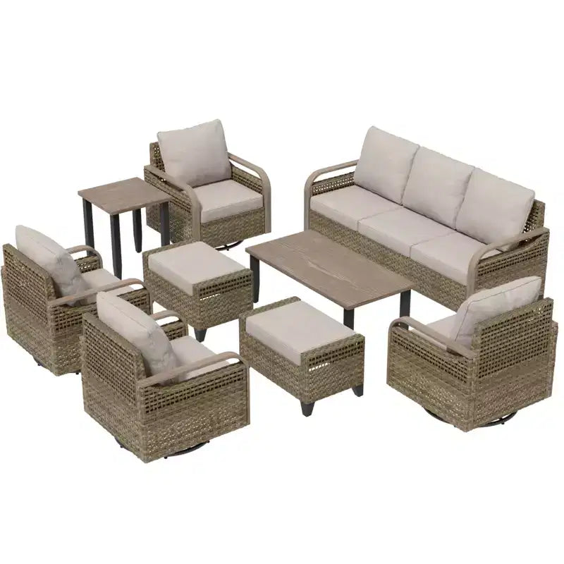 Conjunto de conversación de mimbre para patio exterior EAGLE PEAK, 4 sillas mecedoras giratorias, sofá biplaza de 3 asientos, 2 otomanas y mesa, 9 piezas