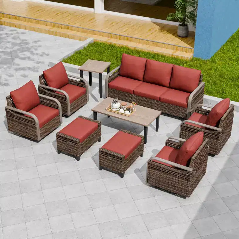 Conjunto de conversación de mimbre para patio exterior EAGLE PEAK, 4 sillas mecedoras giratorias, sofá biplaza de 3 asientos, 2 otomanas y mesa, 9 piezas