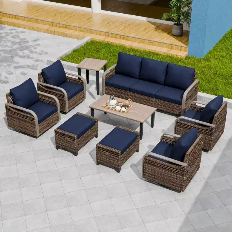 Conjunto de conversación de mimbre para patio exterior EAGLE PEAK, 4 sillas mecedoras giratorias, sofá biplaza de 3 asientos, 2 otomanas y mesa, 9 piezas