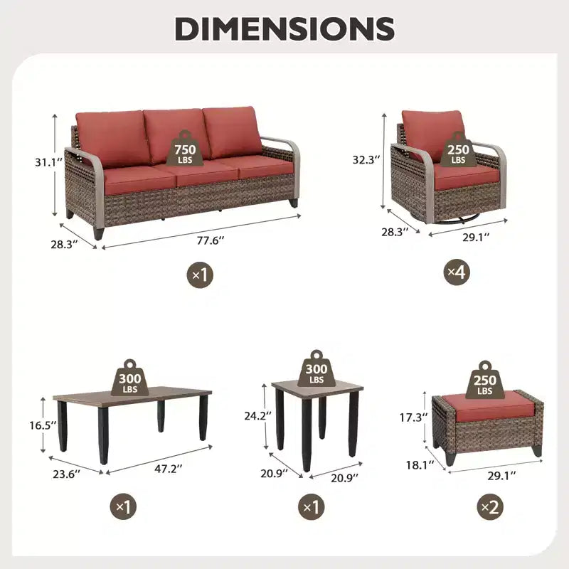Conjunto de conversación de mimbre para patio exterior EAGLE PEAK, 4 sillas mecedoras giratorias, sofá biplaza de 3 asientos, 2 otomanas y mesa, 9 piezas