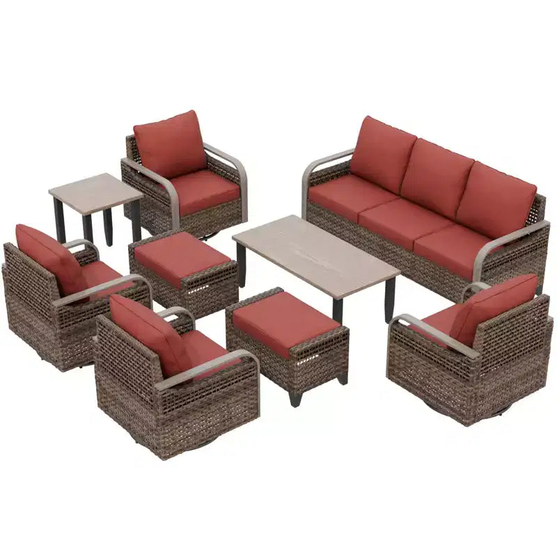Conjunto de conversación de mimbre para patio exterior EAGLE PEAK, 4 sillas mecedoras giratorias, sofá biplaza de 3 asientos, 2 otomanas y mesa, 9 piezas