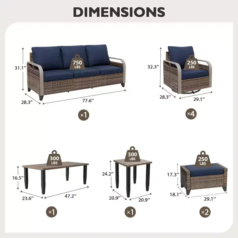 Conjunto de conversación de mimbre para patio exterior EAGLE PEAK, 4 sillas mecedoras giratorias, sofá biplaza de 3 asientos, 2 otomanas y mesa, 9 piezas