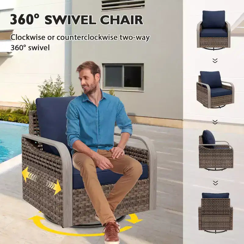 Conjunto de conversación de mimbre para patio exterior EAGLE PEAK, 4 sillas mecedoras giratorias, sofá biplaza de 3 asientos, 2 otomanas y mesa, 9 piezas