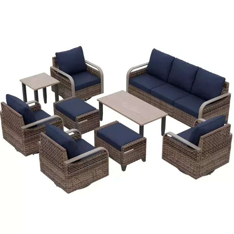 Conjunto de conversación de mimbre para patio exterior EAGLE PEAK, 4 sillas mecedoras giratorias, sofá biplaza de 3 asientos, 2 otomanas y mesa, 9 piezas