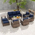 Conjunto de conversación de mimbre para patio exterior EAGLE PEAK, 4 sillas mecedoras giratorias, sofá biplaza de 3 asientos, 2 otomanas y mesa, 9 piezas