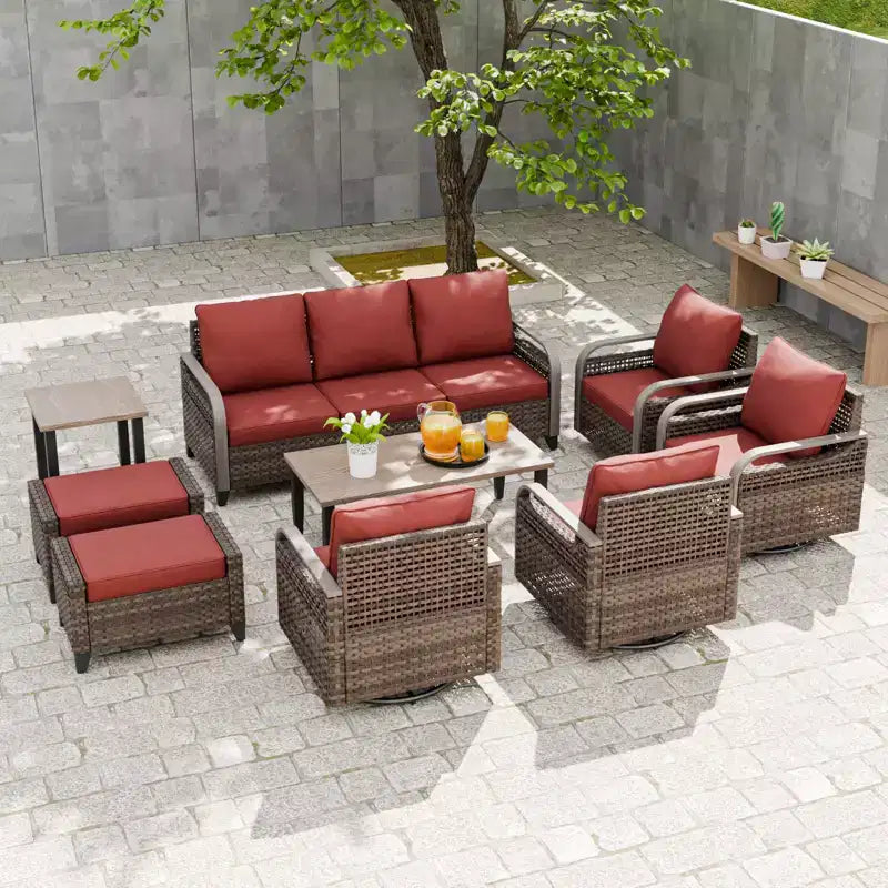 Conjunto de conversación de mimbre para patio exterior EAGLE PEAK, 4 sillas mecedoras giratorias, sofá biplaza de 3 asientos, 2 otomanas y mesa, 9 piezas