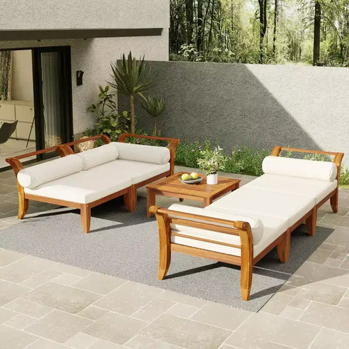 Conjunto de sofá para patio de 6 PIEZAS, conjunto modular seccional de muebles de jardín para exterior, conjunto de conversación en forma de L con mesa, otomana, cojines y almohadas- ModernLuxe