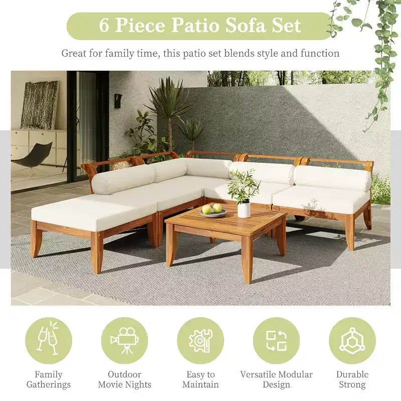 Conjunto de sofá para patio de 6 PIEZAS, conjunto modular seccional de muebles de jardín para exterior, conjunto de conversación en forma de L con mesa, otomana, cojines y almohadas- ModernLuxe