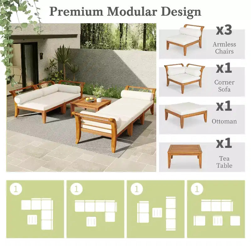 Conjunto de sofá para patio de 6 PIEZAS, conjunto modular seccional de muebles de jardín para exterior, conjunto de conversación en forma de L con mesa, otomana, cojines y almohadas- ModernLuxe