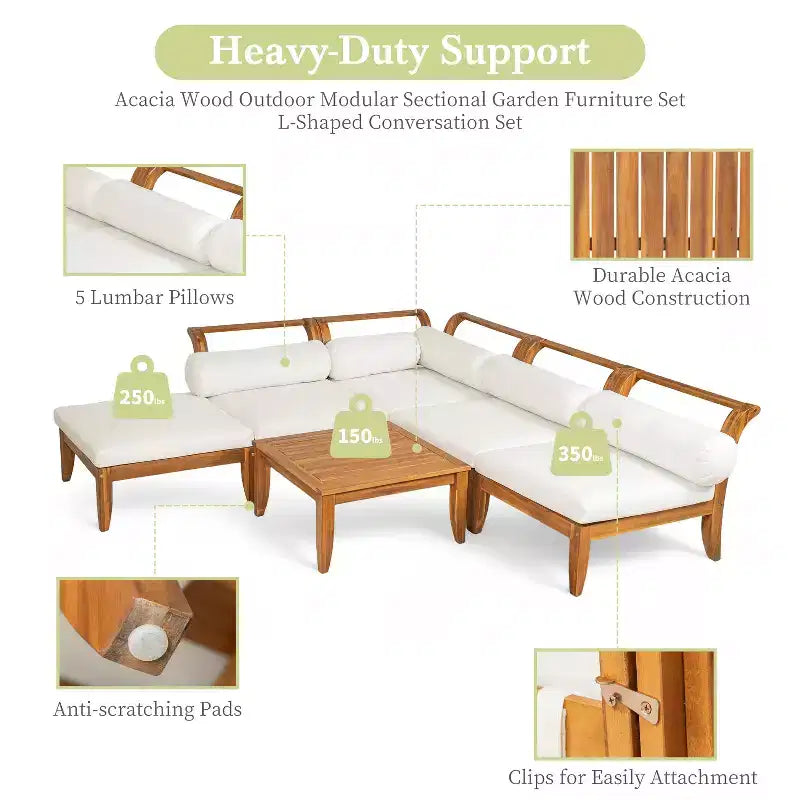Conjunto de sofá para patio de 6 PIEZAS, conjunto modular seccional de muebles de jardín para exterior, conjunto de conversación en forma de L con mesa, otomana, cojines y almohadas- ModernLuxe