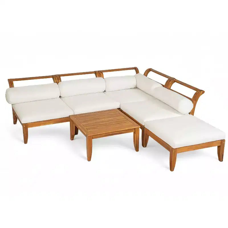Conjunto de sofá para patio de 6 PIEZAS, conjunto modular seccional de muebles de jardín para exterior, conjunto de conversación en forma de L con mesa, otomana, cojines y almohadas- ModernLuxe