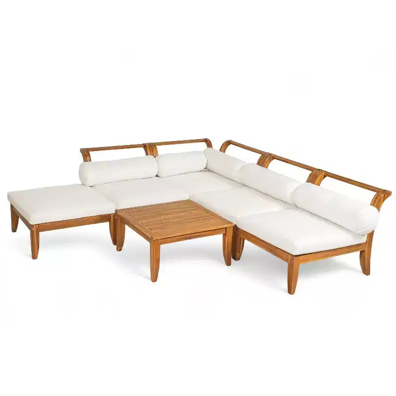 Conjunto de sofá para patio de 6 PIEZAS, conjunto modular seccional de muebles de jardín para exterior, conjunto de conversación en forma de L con mesa, otomana, cojines y almohadas- ModernLuxe