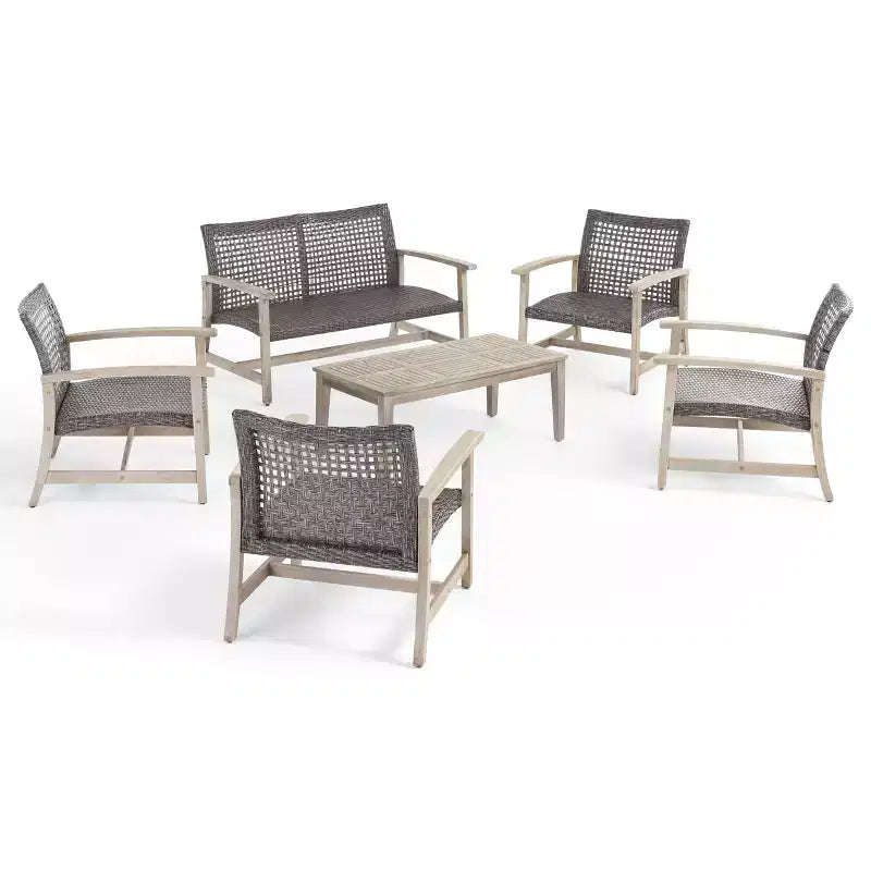 GDFStudio Savannah conjunto de conversación para exterior de madera de acacia y mimbre, sofá biplaza y sillón, 6 plazas