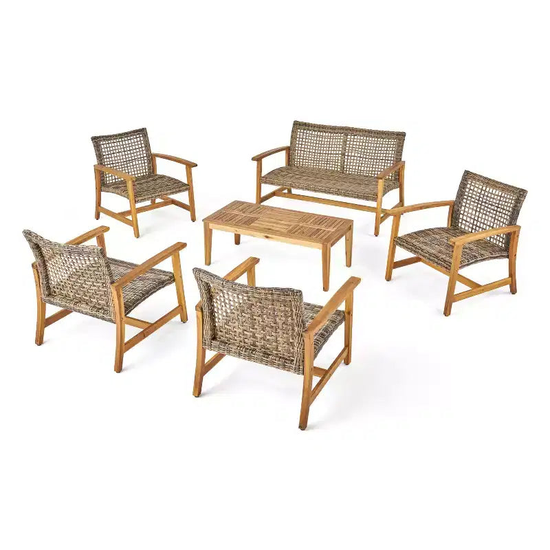 GDFStudio Savannah conjunto de conversación para exterior de madera de acacia y mimbre, sofá biplaza y sillón, 6 plazas