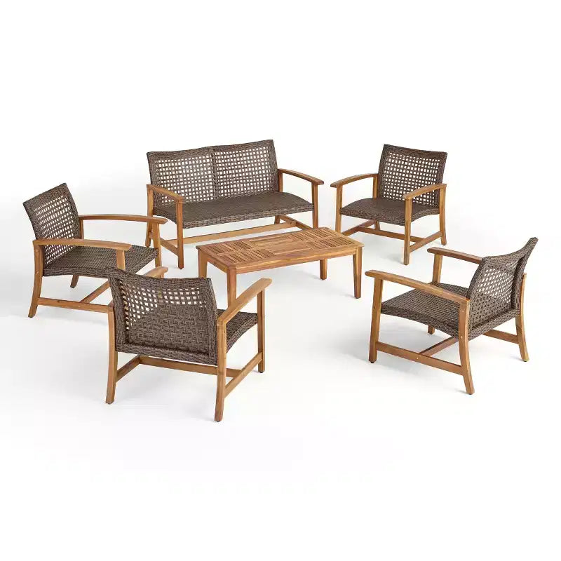 GDFStudio Savannah conjunto de conversación para exterior de madera de acacia y mimbre, sofá biplaza y sillón, 6 plazas