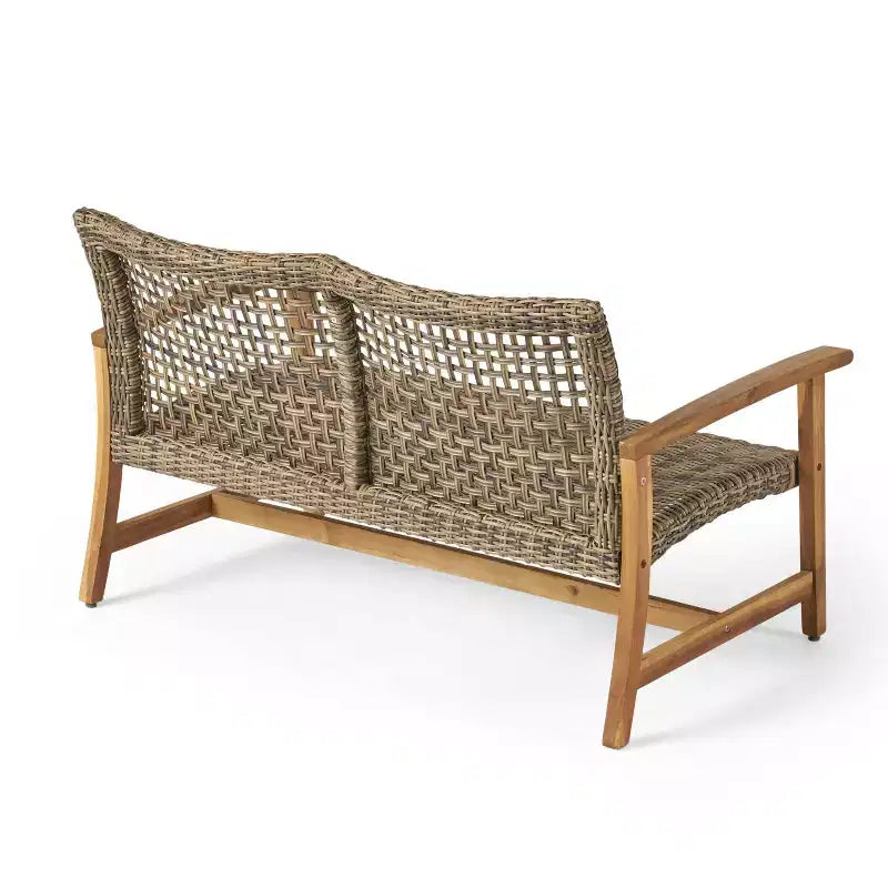 GDFStudio Savannah conjunto de conversación para exterior de madera de acacia y mimbre, sofá biplaza y sillón, 6 plazas