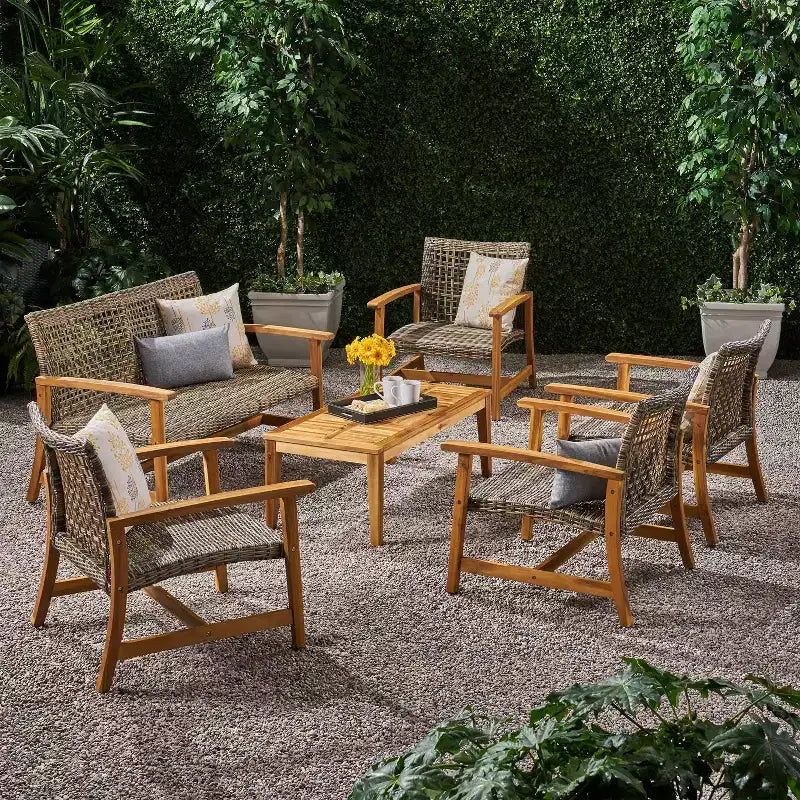 GDFStudio Savannah Outdoor Acacia Wood and Wicker 6 Seater Loveseat and Club Chair Chat Set