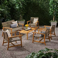GDFStudio Savannah Outdoor Acacia Wood and Wicker 6 Seater Loveseat and Club Chair Chat Set