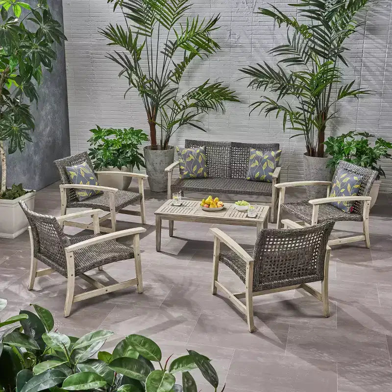 GDFStudio Savannah conjunto de conversación para exterior de madera de acacia y mimbre, sofá biplaza y sillón, 6 plazas