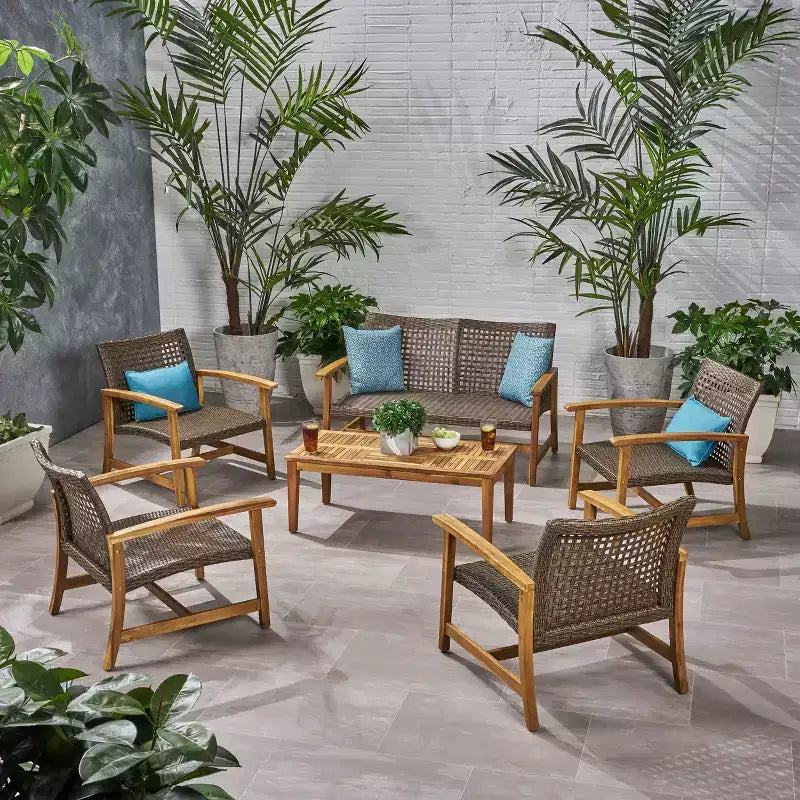 GDFStudio Savannah conjunto de conversación para exterior de madera de acacia y mimbre, sofá biplaza y sillón, 6 plazas