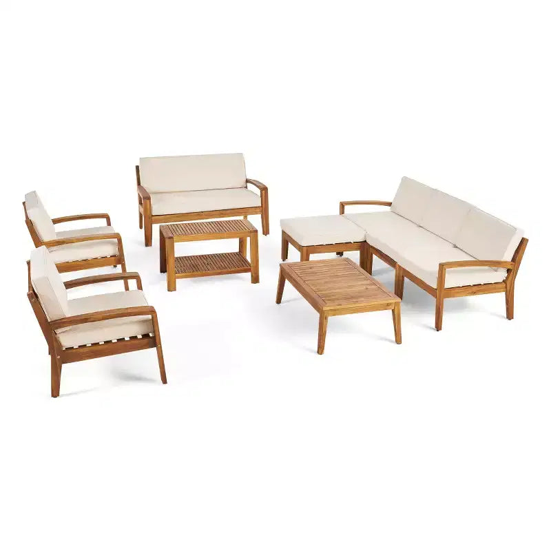 Conjunto de conversación para exterior de madera de acacia Parma de GDFStudio para 7 personas, sofá modular con otomana