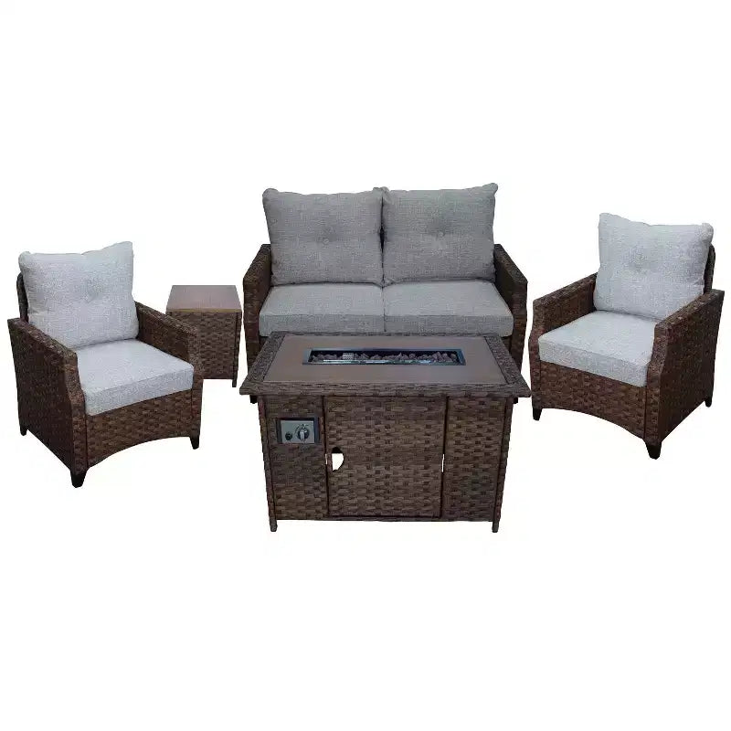 Courtyard Casual Costa Mesa 5 pc Loveseat Set - Brown One Sofa, Two Club Chairs, One End Table, & One Fire Pit frame with solution dyed Poly fabric