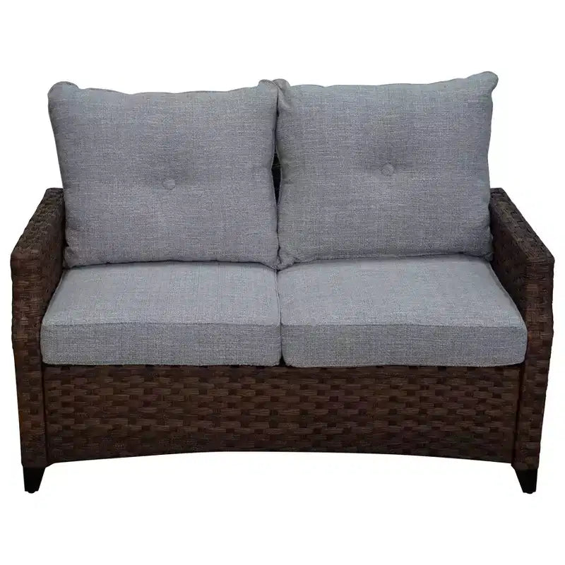 Ensemble de causeuse Courtyard Casual Costa Mesa 5 pièces - marron, un canapé, deux fauteuils club, une table d'appoint et un cadre de brasero avec tissu en polyester teint dans la masse