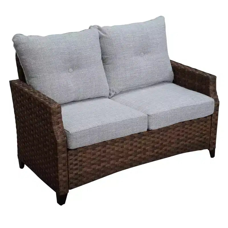 Ensemble de causeuse Courtyard Casual Costa Mesa 5 pièces - marron, un canapé, deux fauteuils club, une table d'appoint et un cadre de brasero avec tissu en polyester teint dans la masse