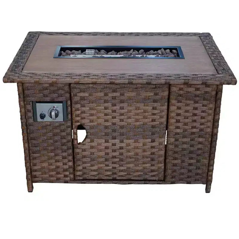 Ensemble de canapé Courtyard Casual Costa Mesa 5 pièces - marron, un canapé, deux fauteuils club, une table d’appoint et une structure de brasero avec tissu en polyester teint dans la masse