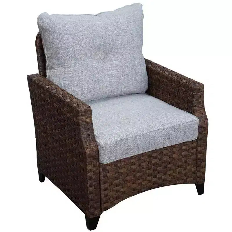 Ensemble de canapé Courtyard Casual Costa Mesa 5 pièces - marron, un canapé, deux fauteuils club, une table d’appoint et une structure de brasero avec tissu en polyester teint dans la masse