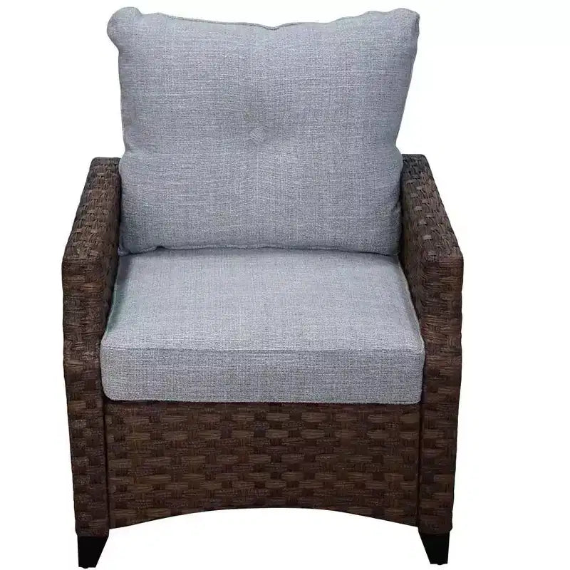 Ensemble de canapé Courtyard Casual Costa Mesa 5 pièces - marron, un canapé, deux fauteuils club, une table d’appoint et une structure de brasero avec tissu en polyester teint dans la masse
