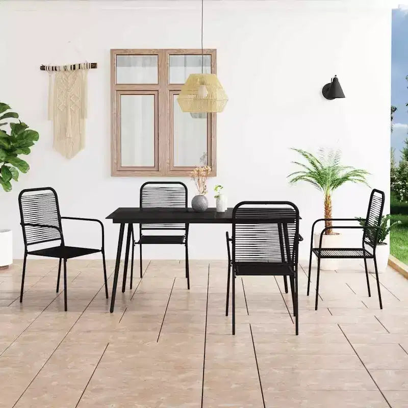 Conjunto de comedor de jardín vidaXL de 5/7 piezas, cuerda de algodón y acero negros, para exterior y patio
