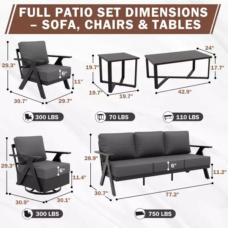 Conjunto moderno de muebles de patio para exterior de 7 piezas EAGLE PEAK Urban Slate: sofá, sillas mecedoras giratorias, sillas de patio, mesa de centro y mesa auxiliar