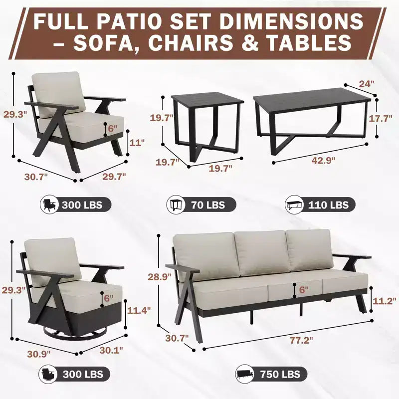 Conjunto moderno de muebles de patio para exterior de 7 piezas EAGLE PEAK Urban Slate: sofá, sillas mecedoras giratorias, sillas de patio, mesa de centro y mesa auxiliar