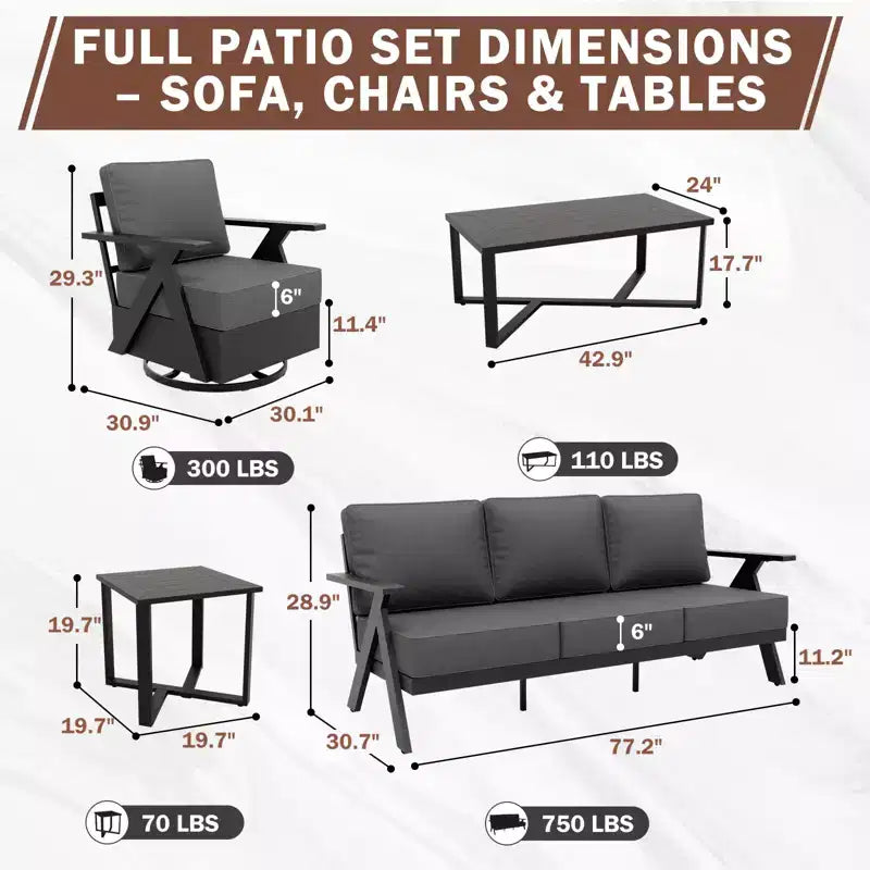 Ensemble de mobilier d’extérieur moderne 5 pièces EAGLE PEAK Urban Slate pour terrasse, canapé, fauteuils pivotants, table basse et table d’appoint
