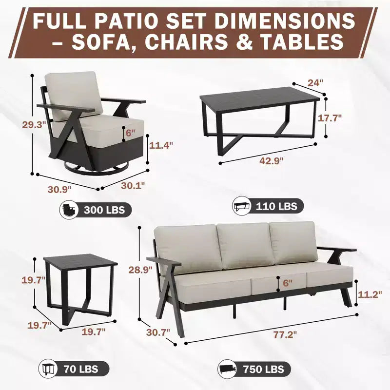 Ensemble de mobilier d’extérieur moderne 5 pièces EAGLE PEAK Urban Slate pour terrasse, canapé, fauteuils pivotants, table basse et table d’appoint