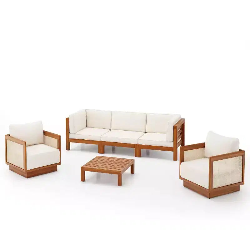 Conjunto de asientos para patio de 6 piezas Christopher Knight Home Isora, de madera de acacia, con mesa de café de listones y cojines