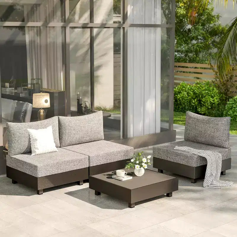 Conjunto de muebles de aluminio para patio de 5 piezas de Heynemo, sofá seccional de exterior para conversaciones con mesa de centro, conjunto modular de sillas sin reposabrazos para piscina, gris
