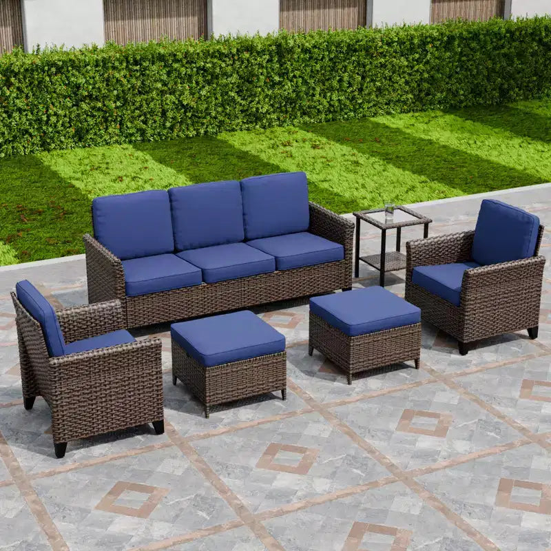 Conjunto de conversación para patio de 6 piezas EAGLE PEAK Ocean Vista, mimbre marrón jaspeado, sillas de comedor y sofá biplaza