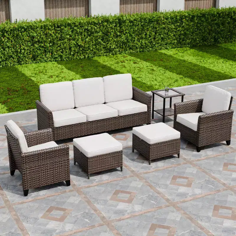 Conjunto de conversación para patio de 6 piezas EAGLE PEAK Ocean Vista, mimbre marrón jaspeado, sillas de comedor y sofá biplaza