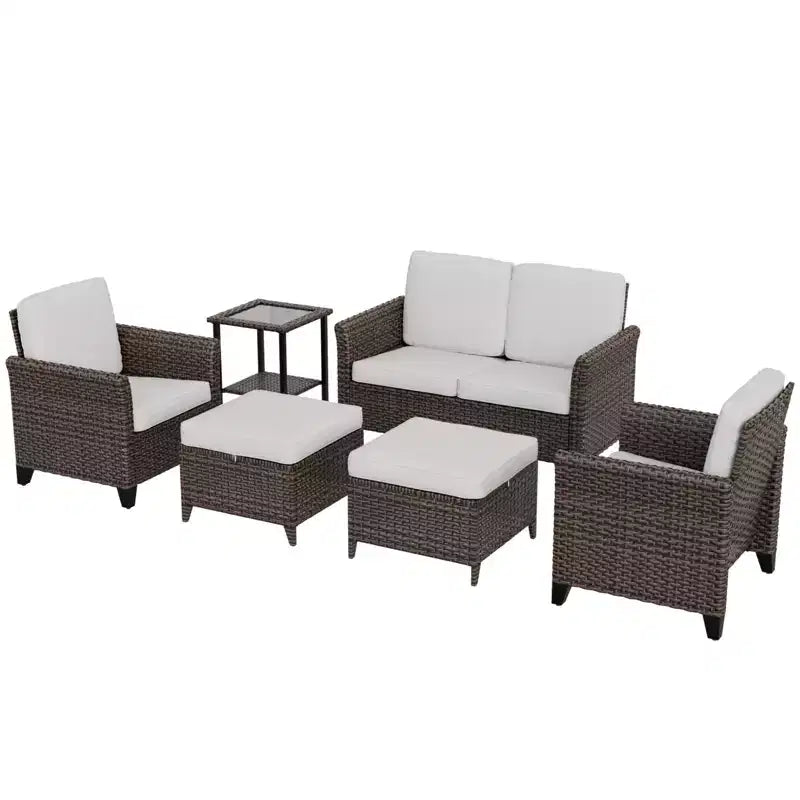 Conjunto de conversación para patio de 6 piezas EAGLE PEAK Ocean Vista, mimbre marrón jaspeado, sillas de comedor y sofá biplaza