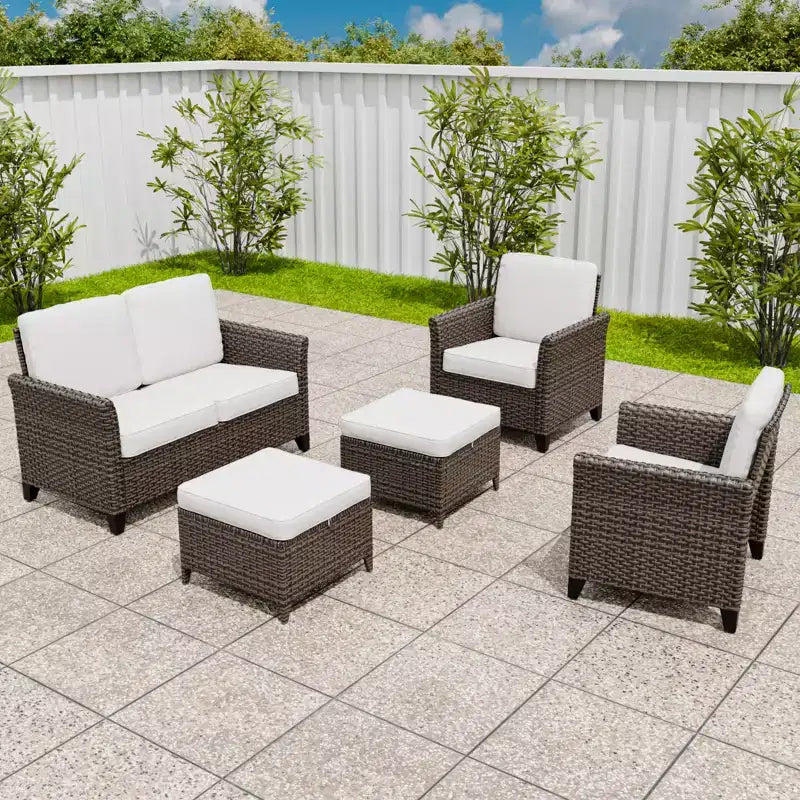 Conjunto de conversación para patio de 5 piezas EAGLE PEAK Ocean Vista, mimbre marrón jaspeado, sillas de comedor y sofá de dos plazas