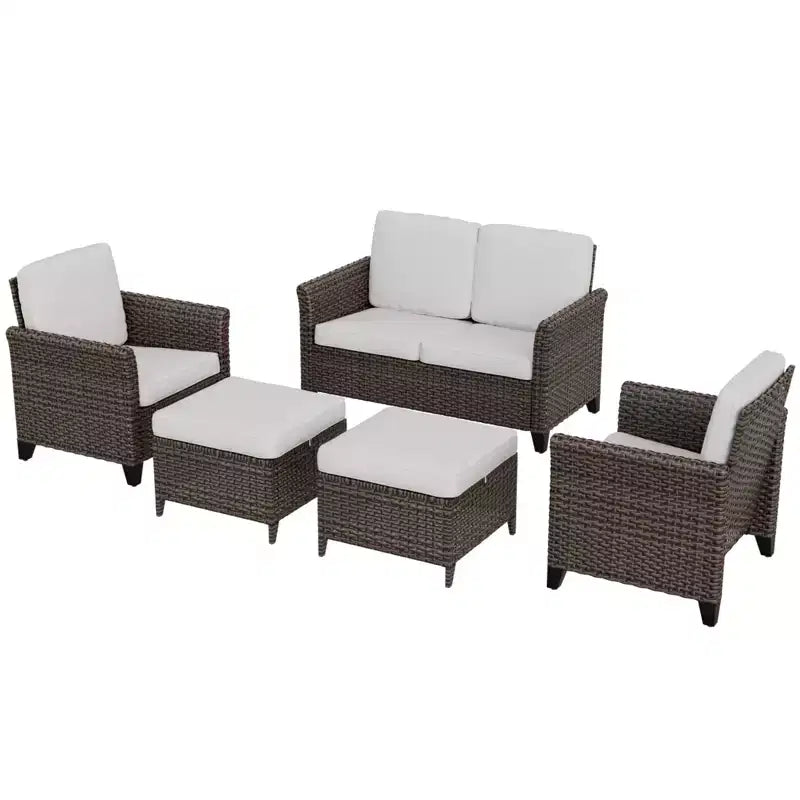 Conjunto de conversación para patio de 5 piezas EAGLE PEAK Ocean Vista, mimbre marrón jaspeado, sillas de comedor y sofá de dos plazas