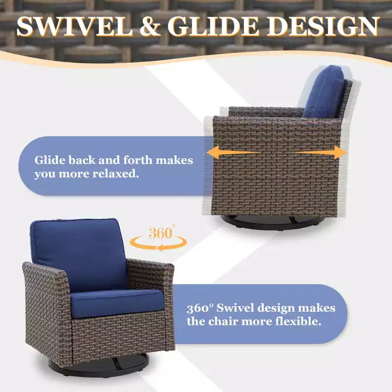 EAGLE PEAK Ocean Vista Ensemble de sièges d’extérieur en osier pour terrasse avec coussins épais, fauteuils à bascule pivotants, poufs et table, 5 pièces