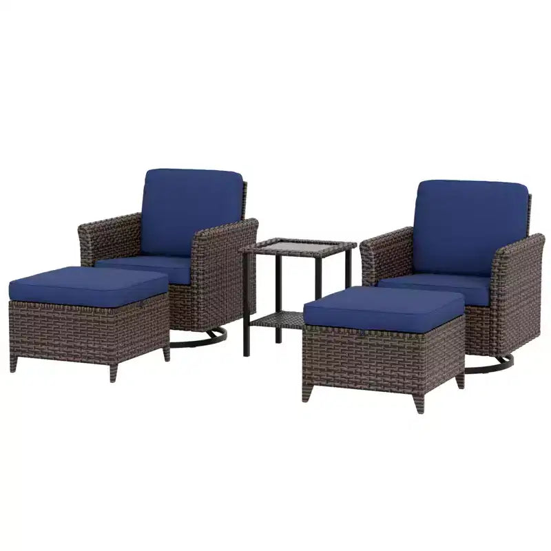 EAGLE PEAK Ocean Vista Ensemble de sièges d’extérieur en osier pour terrasse avec coussins épais, fauteuils à bascule pivotants, poufs et table, 5 pièces