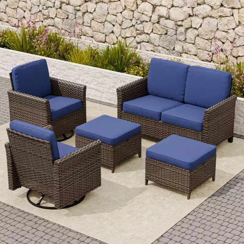 Conjunto de conversación de mimbre para patio de 5 piezas Ocean Vista de EAGLE PEAK, marrón jaspeado, sillas giratorias y sofá biplaza