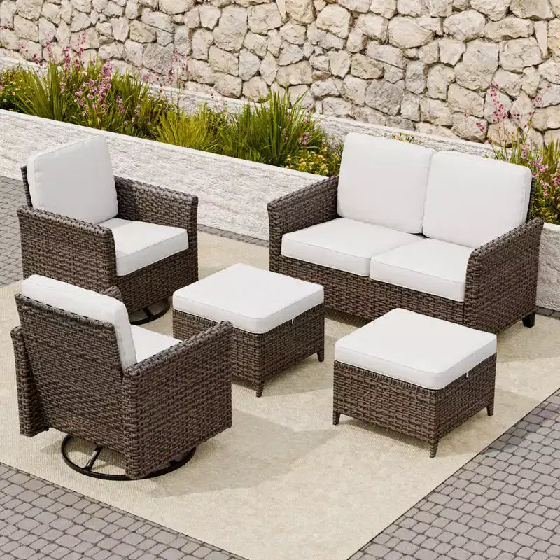 Conjunto de conversación de mimbre para patio de 5 piezas Ocean Vista de EAGLE PEAK, marrón jaspeado, sillas giratorias y sofá biplaza