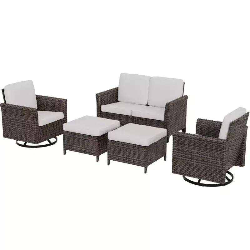 Conjunto de conversación de mimbre para patio de 5 piezas Ocean Vista de EAGLE PEAK, marrón jaspeado, sillas giratorias y sofá biplaza